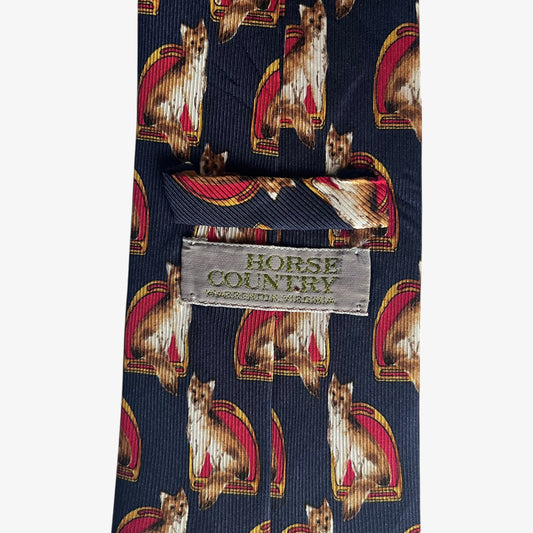 Vintage 90s Horse Country Geometric Fox Print Navy Silk Tie Label - Casspios Dream