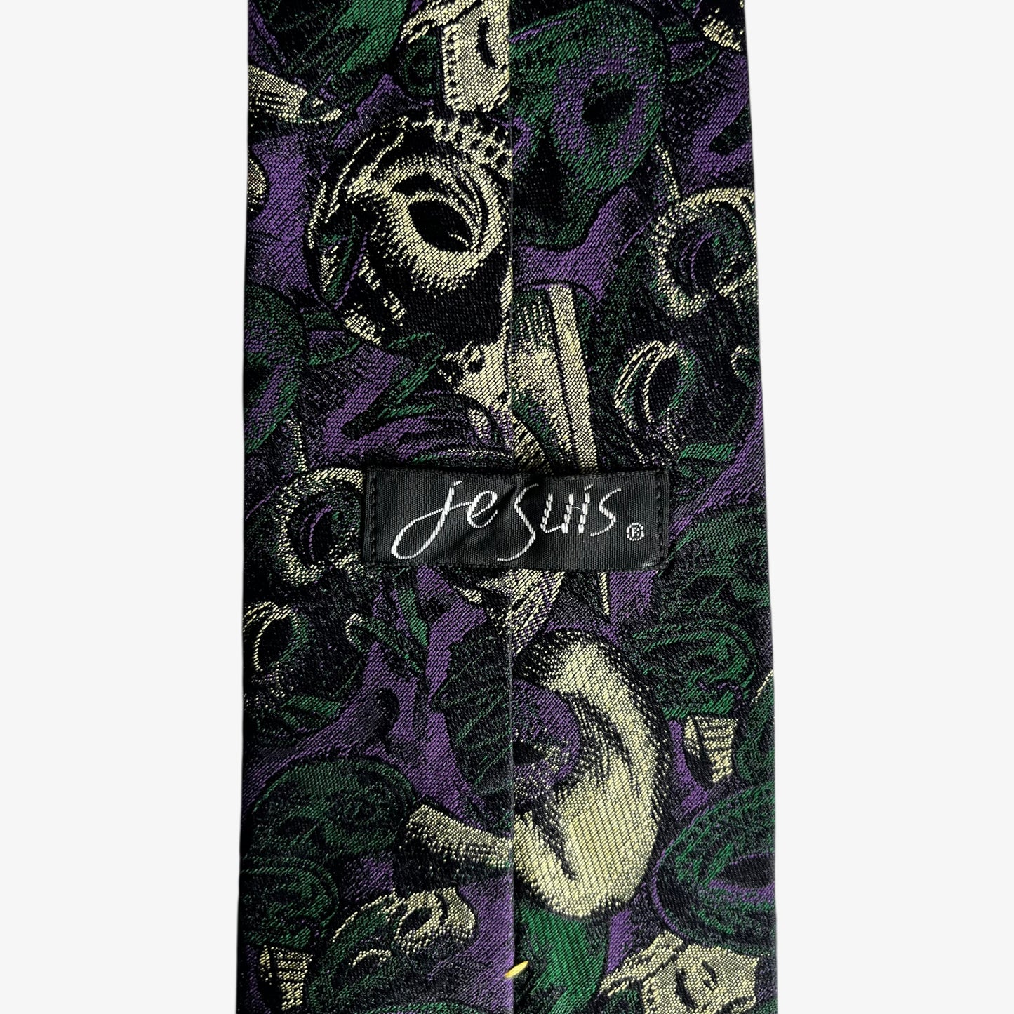 Vintage 90s Je Suis Masquerade Print Purple Silk Tie Label - Casspios Dream