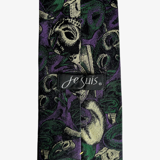 Vintage 90s Je Suis Masquerade Print Purple Silk Tie Label - Casspios Dream