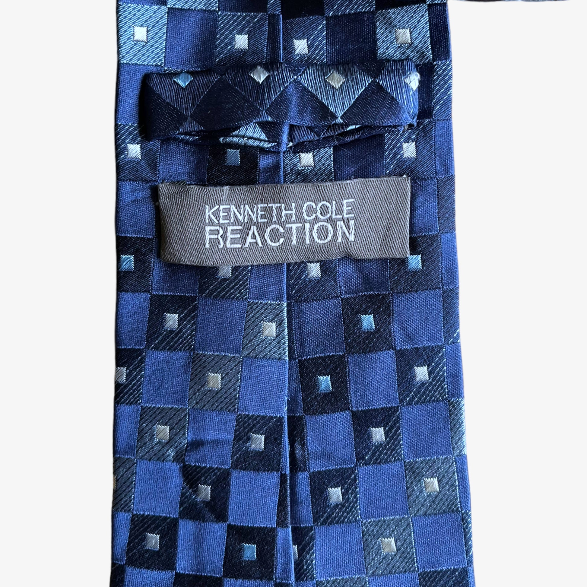 Vintage 90s Kenneth Cole Reaction Blue Abstract Check Silk Tie Label - Casspios Dream