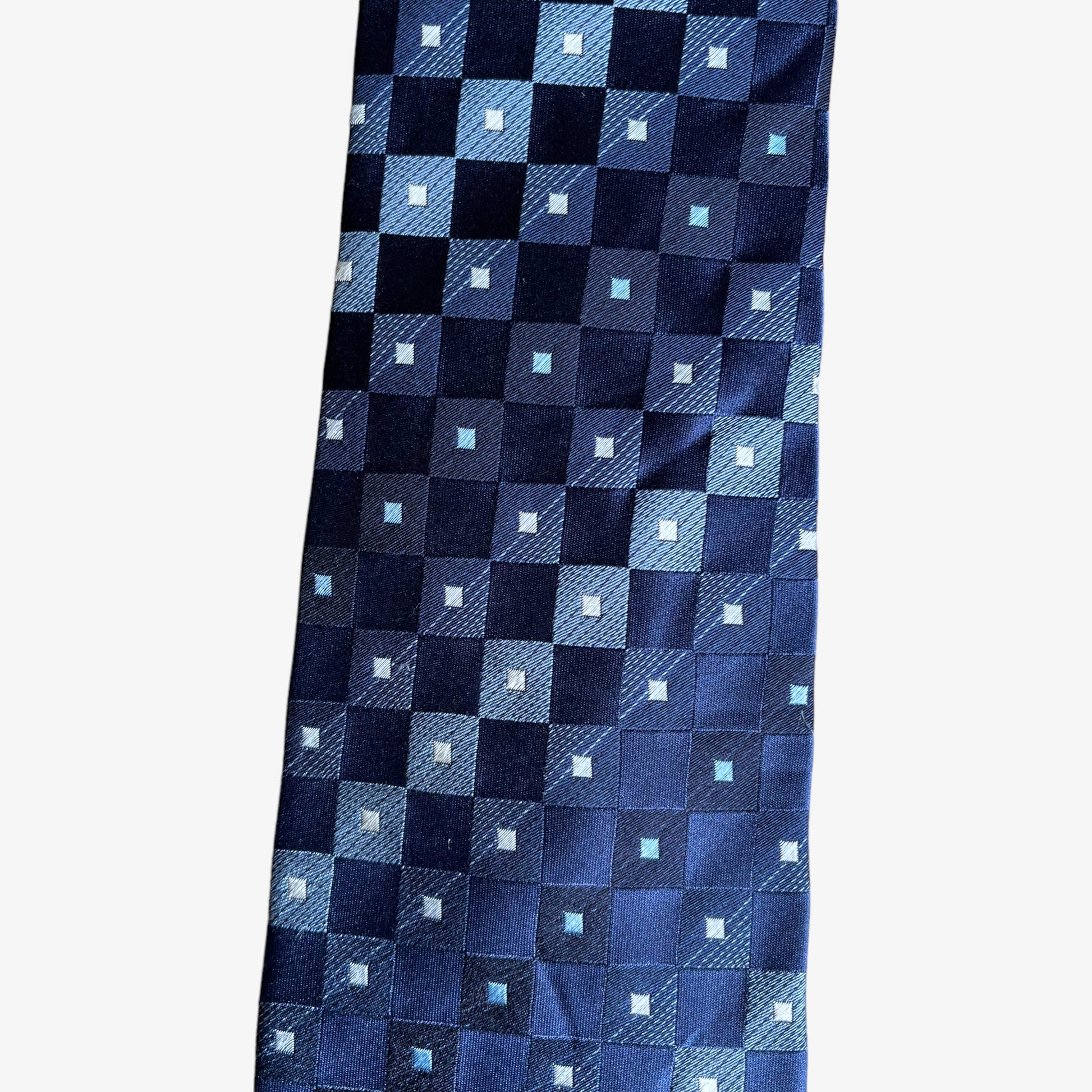 Vintage 90s Kenneth Cole Reaction Blue Abstract Check Silk Tie Pattern - Casspios Dream