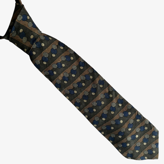 Vintage 90s Kenneth Cole Reaction Geometric Circle Print Green And Brown Striped Silk Tie - Casspios Dream