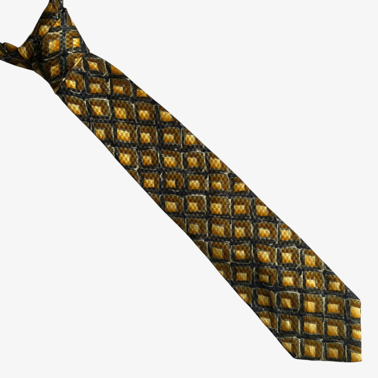 Vintage 90s Krizia Uomo Geometric Square Print Gold Silk Tie - Casspios Dream