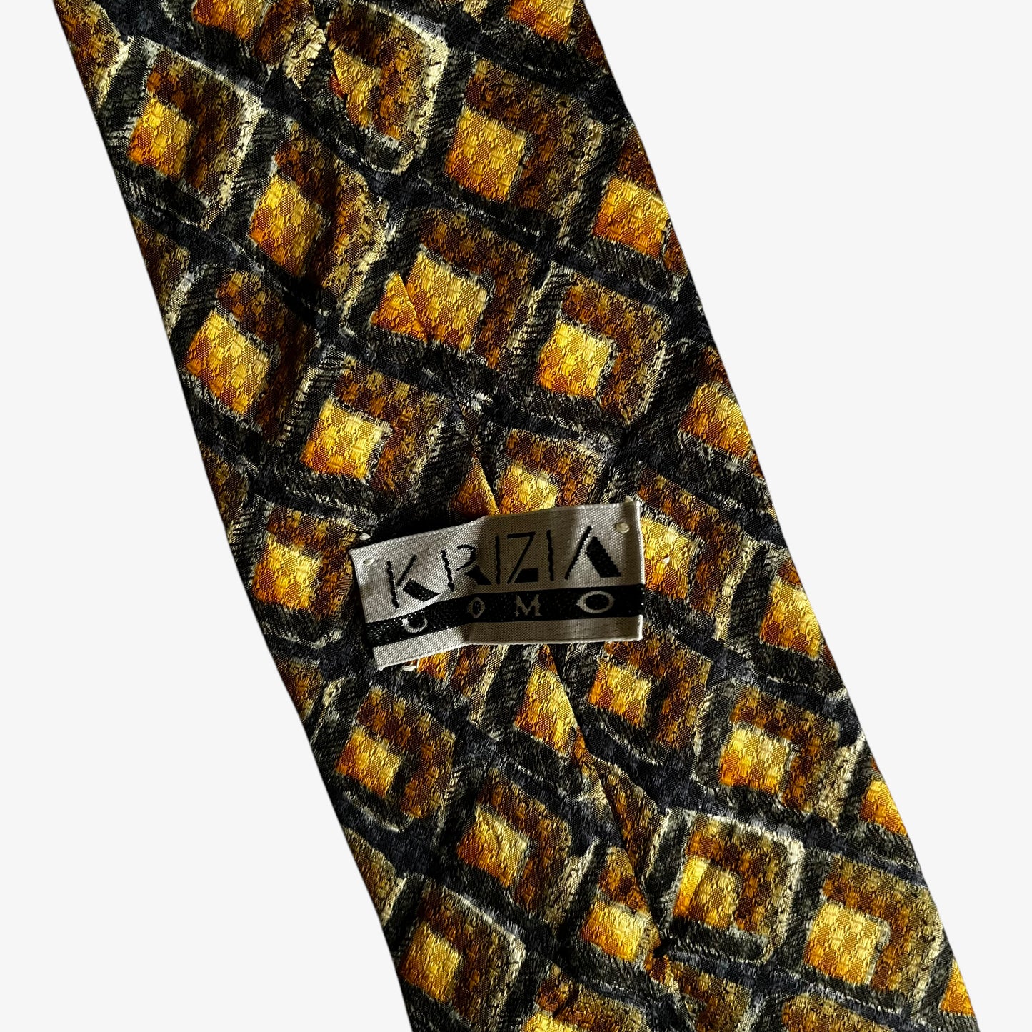 Vintage 90s Krizia Uomo Geometric Square Print Gold Silk Tie Label - Casspios Dream