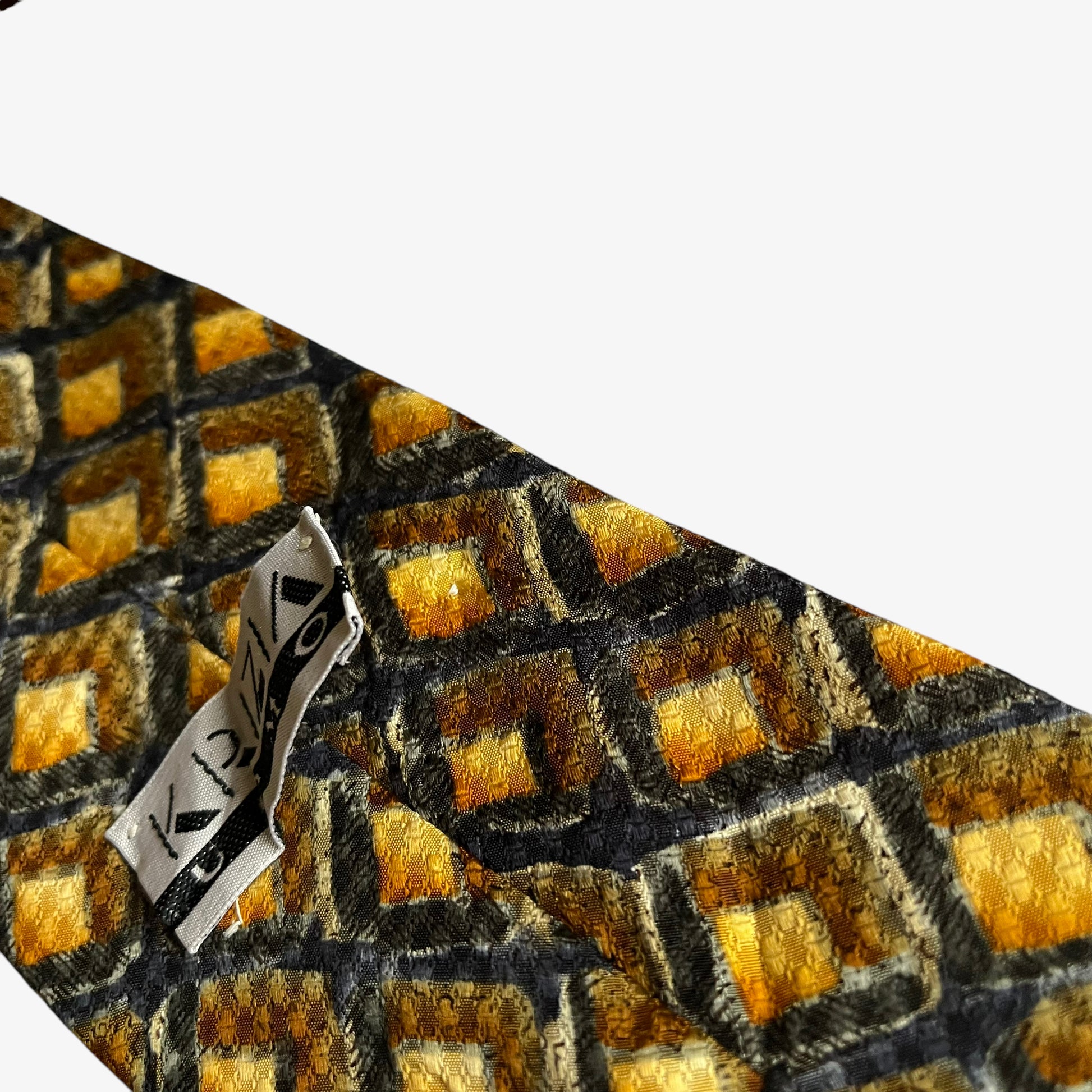 Vintage 90s Krizia Uomo Geometric Square Print Gold Silk Tie Loose - Casspios Dream