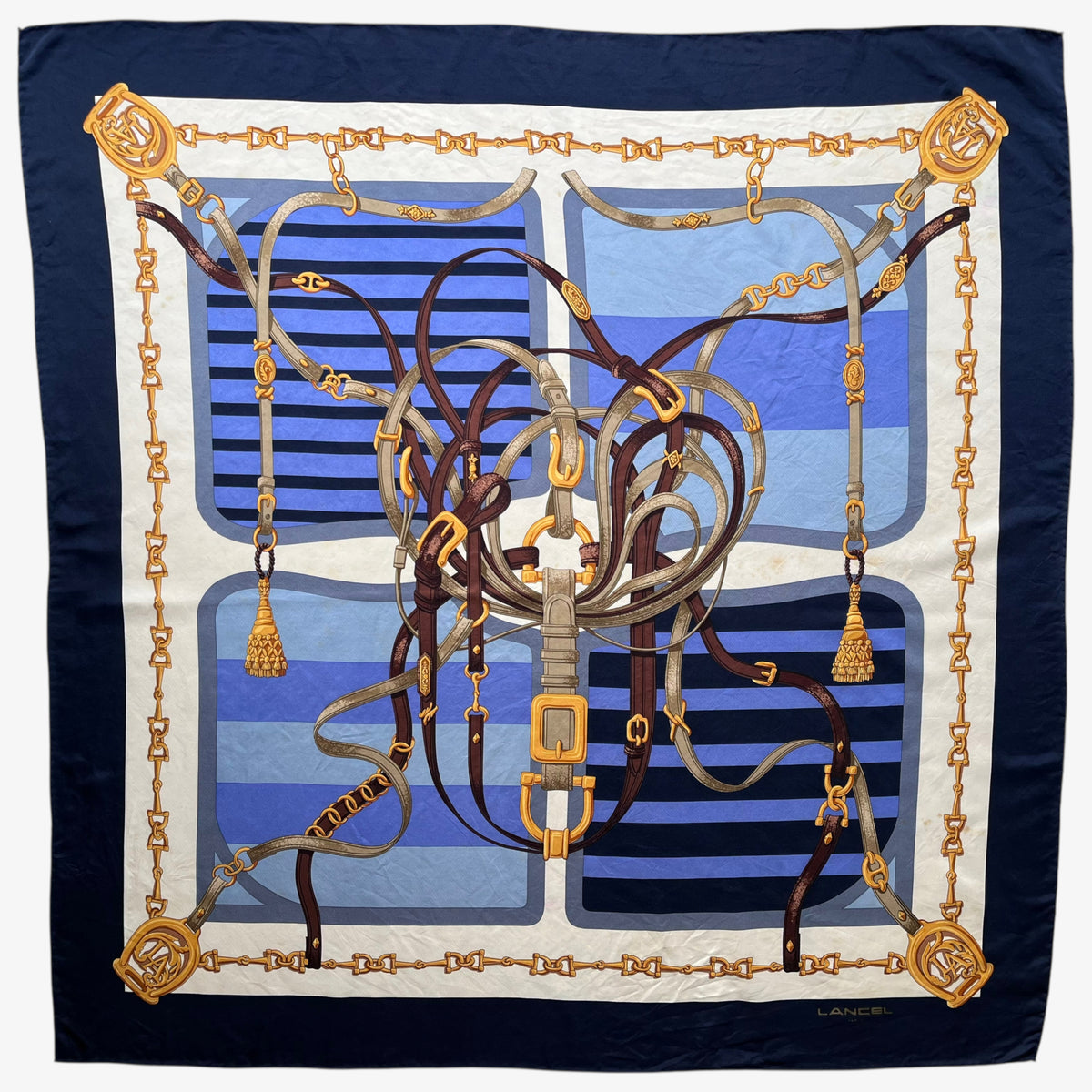 Women's vintage 90s Lancel Paris gold equestrian horsebit print blue silk scarf featuring a striped design.