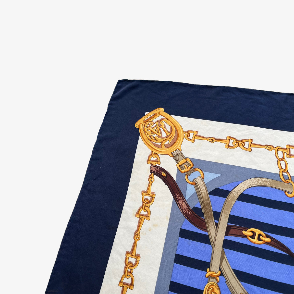 Lancel emblem on women's vintage 90s gold equestrian horsebit print blue silk scarf featuring a striped design.