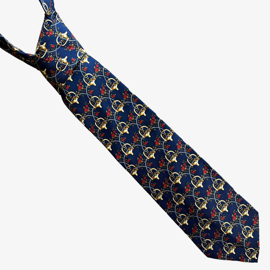 Vintage 90s Lancel Paris Horsebit and floral geometric print silk tie.