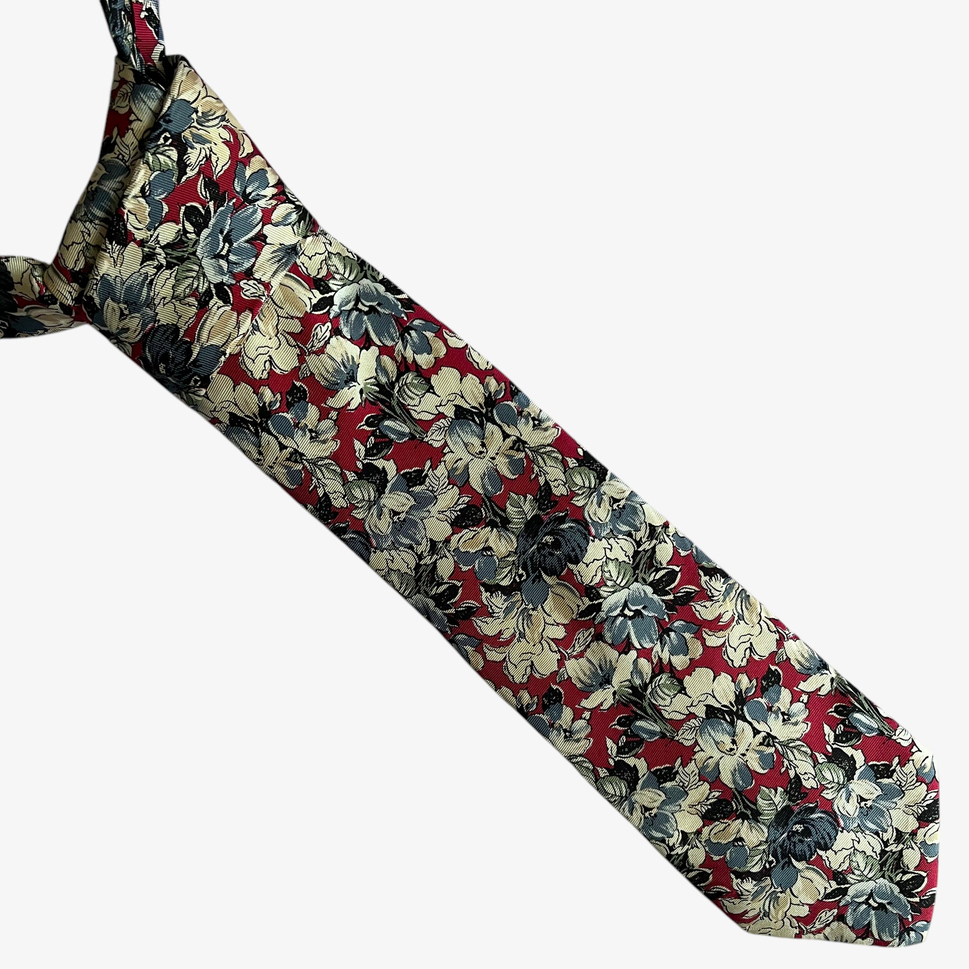 Vintage 90s Lands End Floral Print Red Silk Tie - Casspios Dream