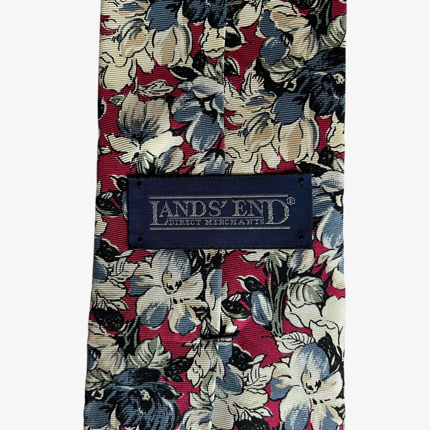 Vintage 90s Lands End Floral Print Red Silk Tie Label - Casspios Dream