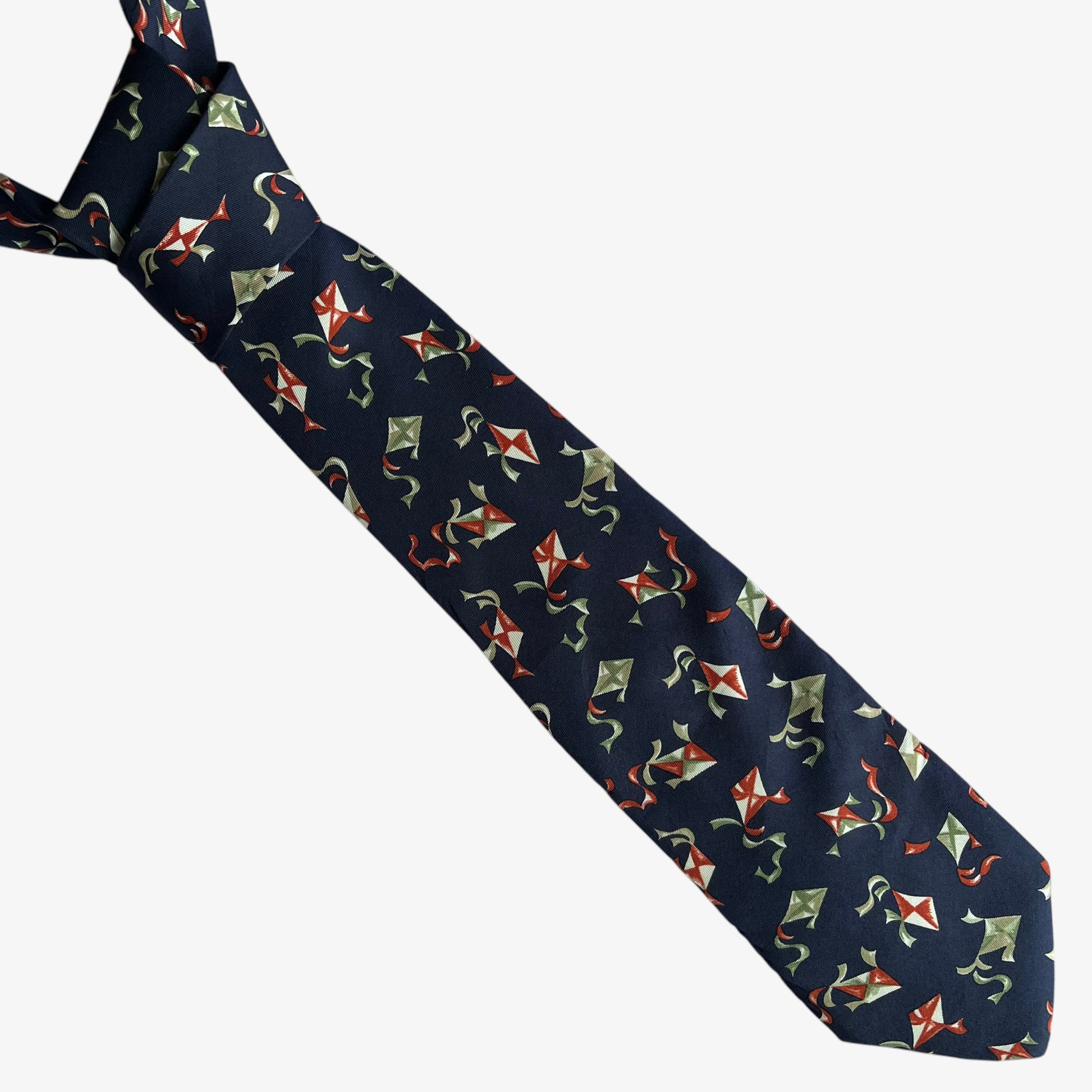 Vintage 90s Lands End Flying Kite Geometric Print Navy Silk Tie - Casspios Dream