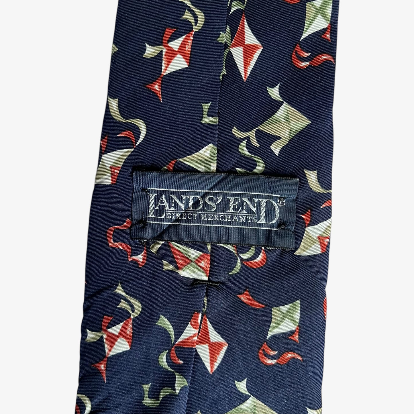 Vintage 90s Lands End Flying Kite Geometric Print Navy Silk Tie Label - Casspios Dream