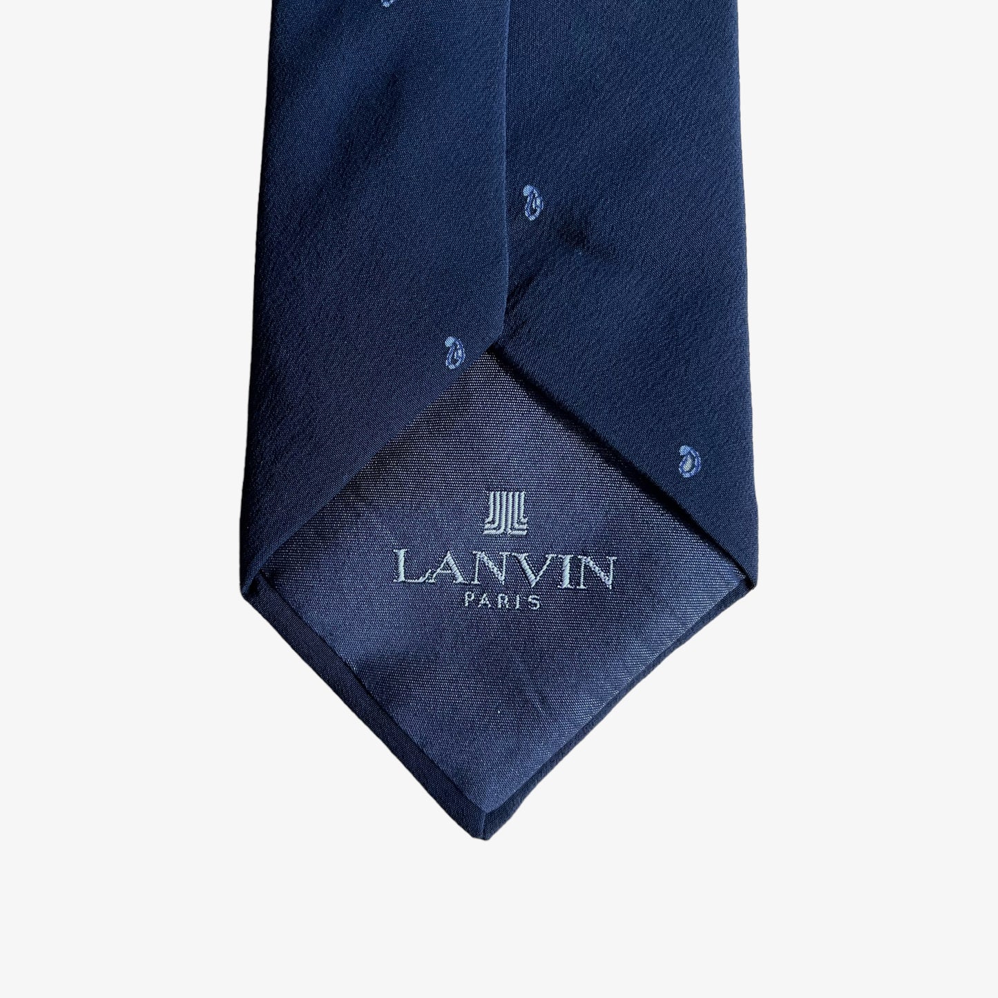 Back logo on vintage 90s Lanvin Paris geometric paisley print silk tie.