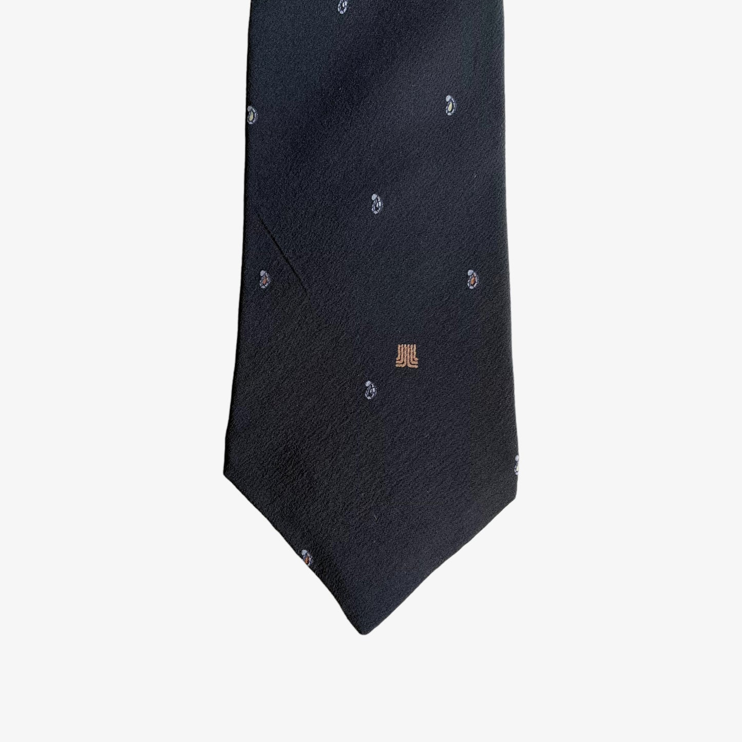 Embroidered logo on vintage 90s Lanvin Paris geometric paisley print silk tie.