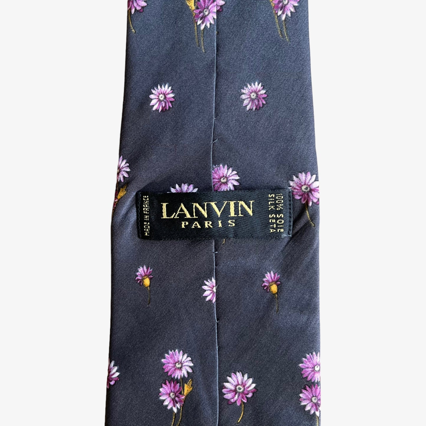 Label of Vintage 90s Lanvin pink floral print silk tie.