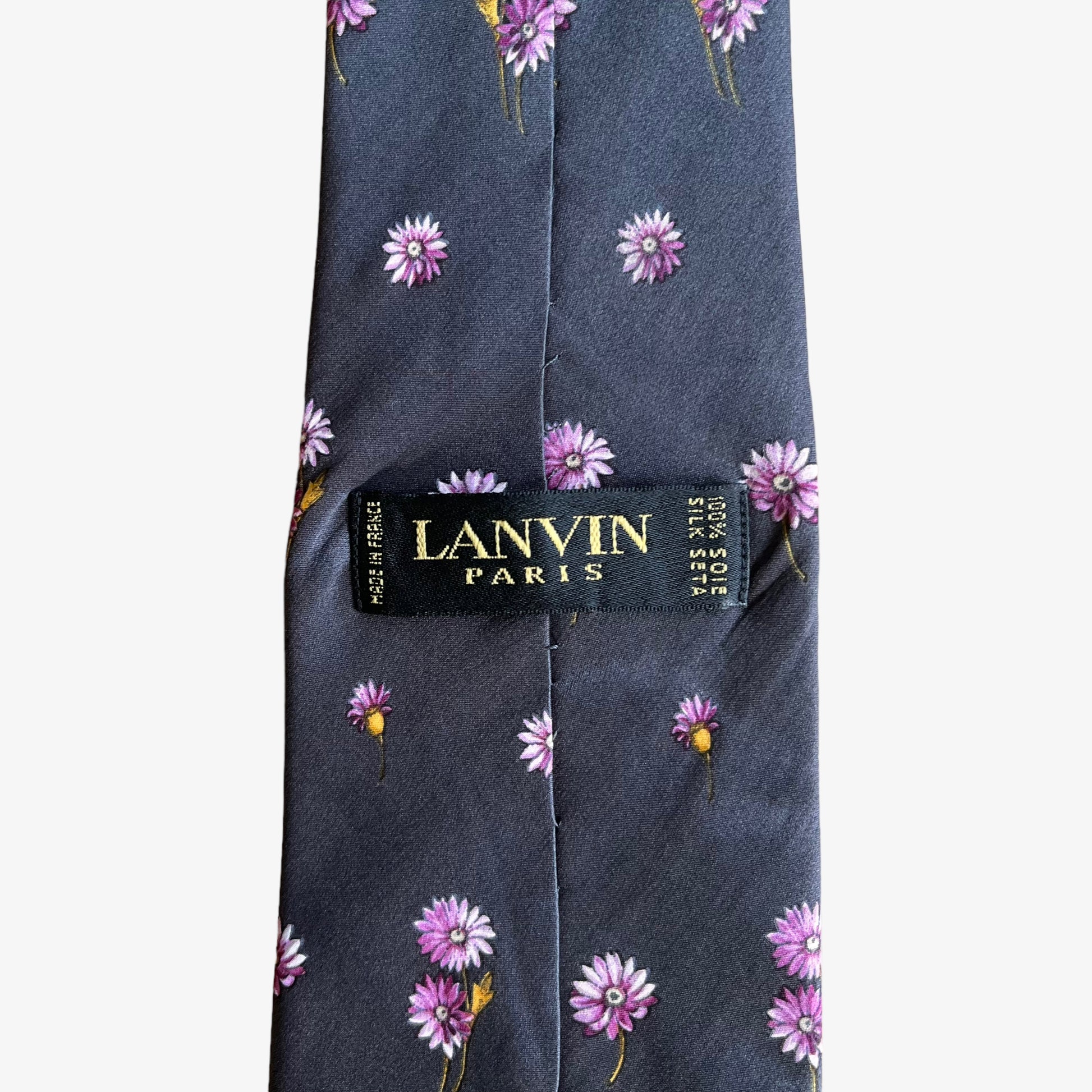 Label of Vintage 90s Lanvin pink floral print silk tie.