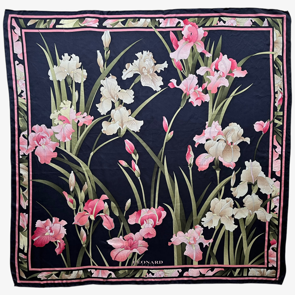 Vintage 90s women's Leonard Paris floral water colour painting print black silk scarf.