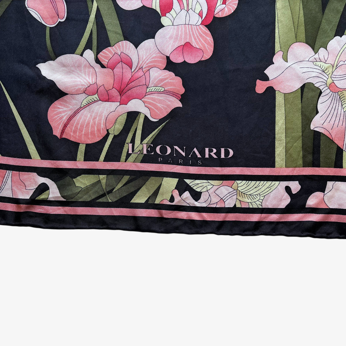 Leonard Paris spell out logo on vintage 90s women's floral water colour painting print black silk scarf.