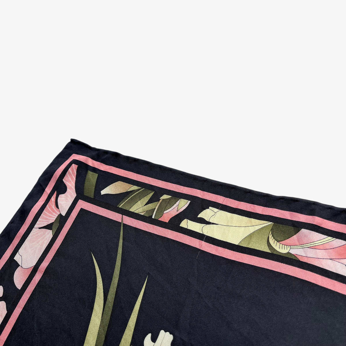 Patina on vintage 90s women's Leonard Paris floral water colour painting print black silk scarf.