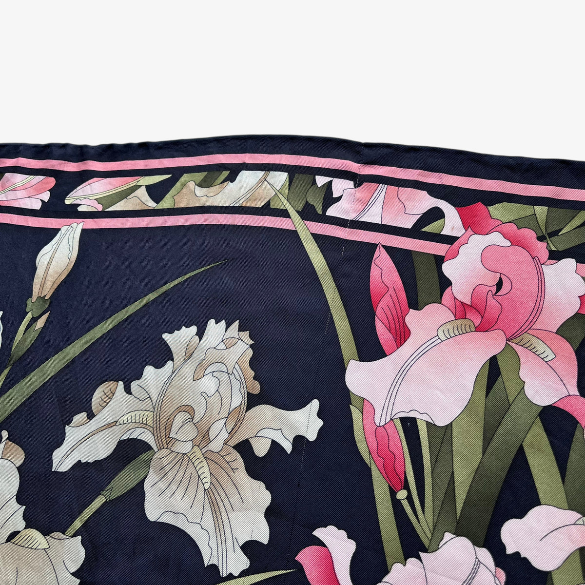 General wear on vintage 90s women's Leonard Paris floral water colour painting print black silk scarf.