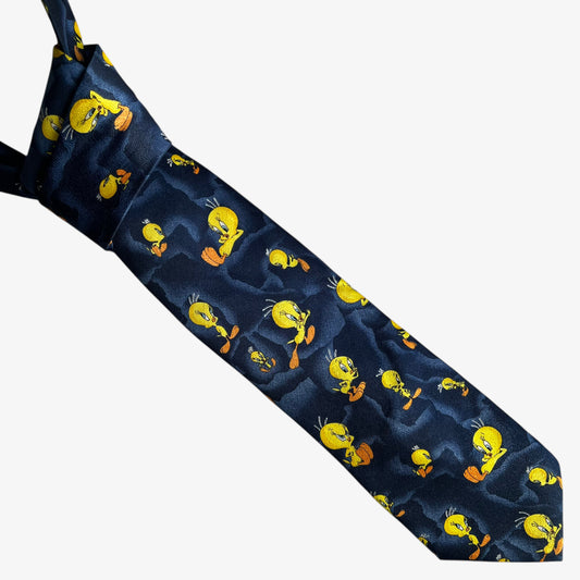 Vintage 90s Looney Tunes 1999 Geometric Tweety Bird Print Navy Tie - Casspios Dream