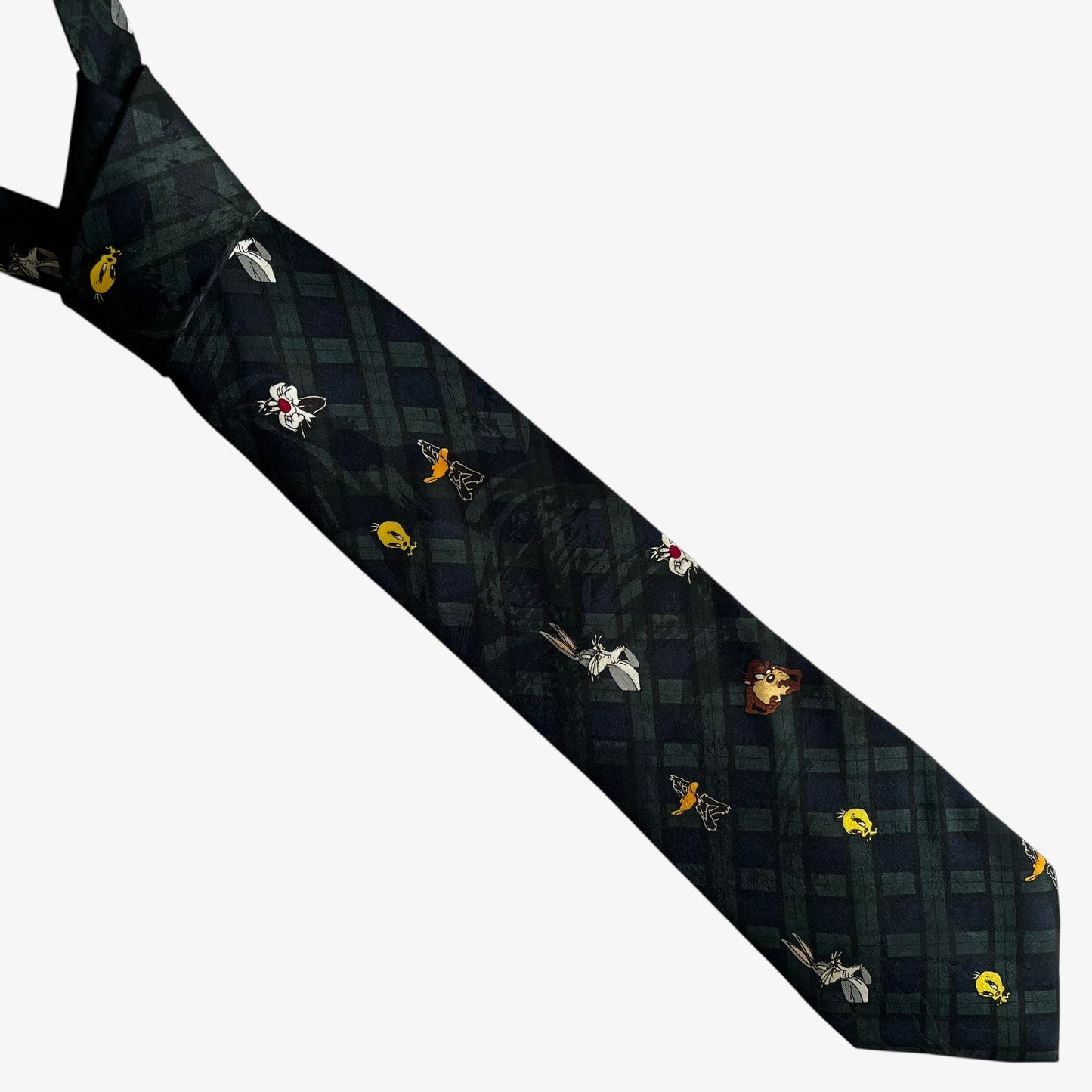 Vintage 90s Looney Tunes Mania 1993 Geometric And Tartan Print Polyester Tie - Casspios Dream