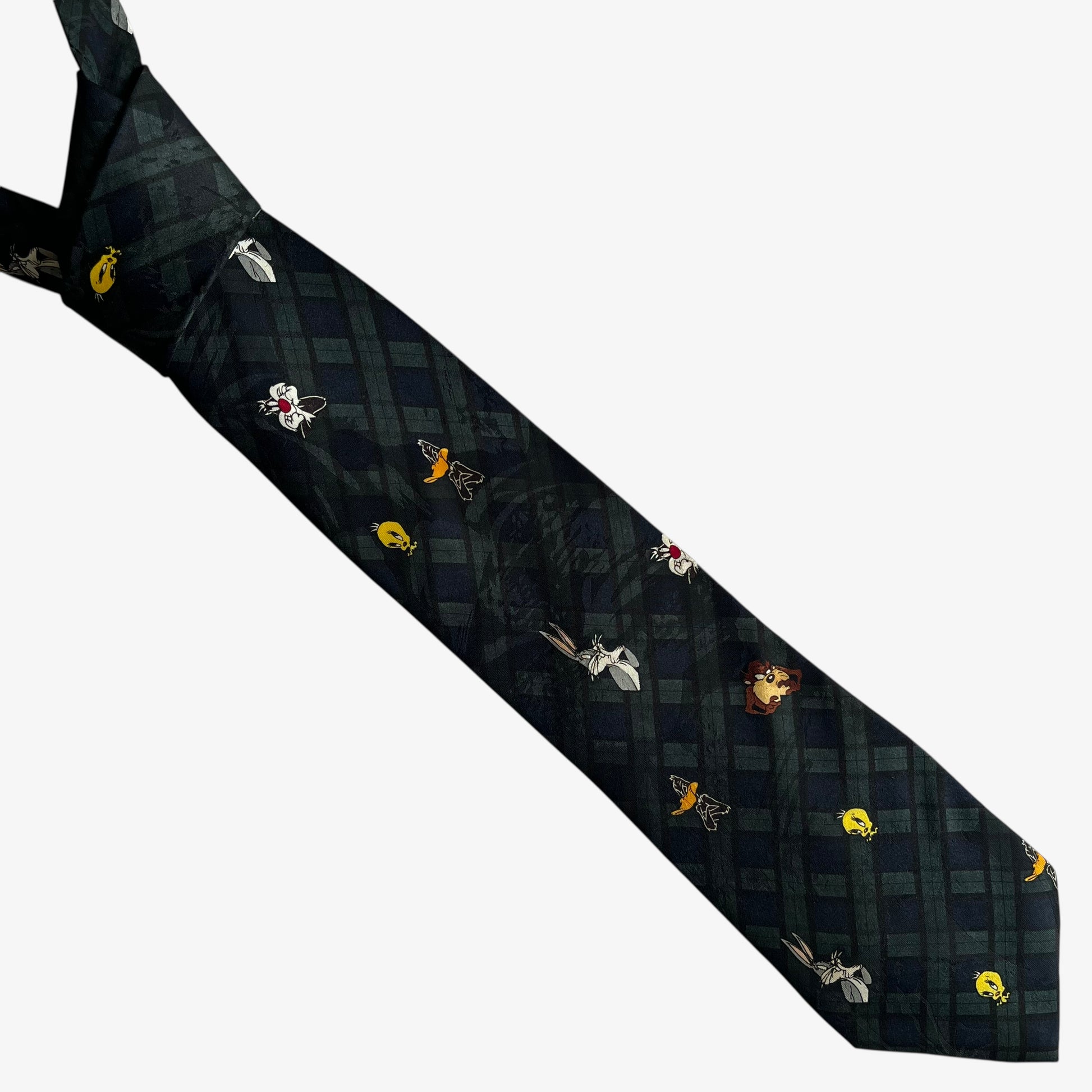 Vintage 90s Looney Tunes Mania 1993 Geometric And Tartan Print Polyester Tie - Casspios Dream