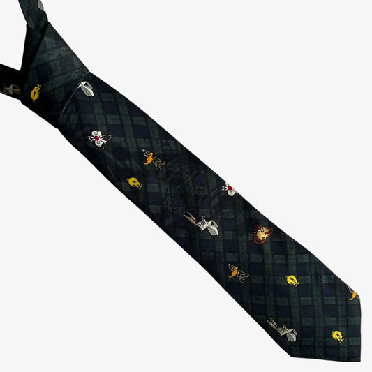 Vintage 90s Looney Tunes Mania 1993 Geometric And Tartan Print Polyester Tie - Casspios Dream