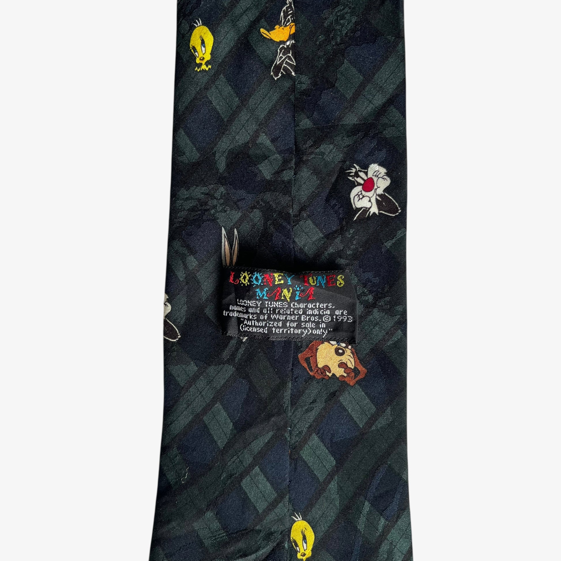 Vintage 90s Looney Tunes Mania 1993 Geometric And Tartan Print Polyester Tie Label - Casspios Dream