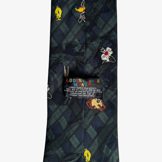 Vintage 90s Looney Tunes Mania 1993 Geometric And Tartan Print Polyester Tie Label - Casspios Dream