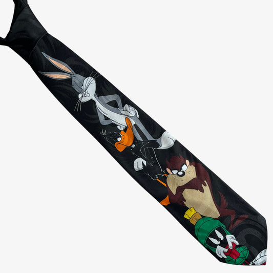 Vintage 90s Looney Tunes Mania 1996 Bugs Bunny And Crew Print Black Polyester Tie - Casspios Dream