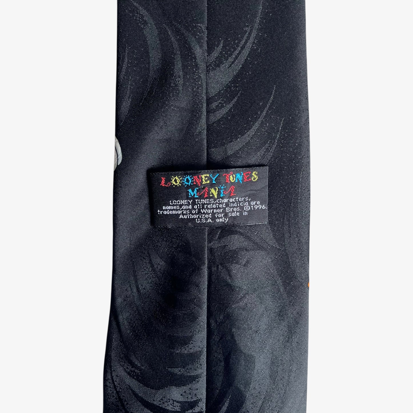 Vintage 90s Looney Tunes Mania 1996 Bugs Bunny And Crew Print Black Polyester Tie Label - Casspios Dream