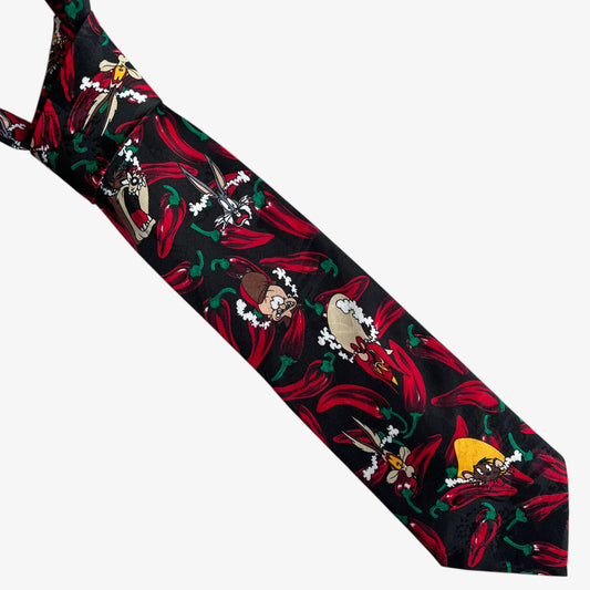 Vintage 90s Looney Tunes Mania 1996 Chilli Pepper Print Black Polyester Tie - Casspios Dream