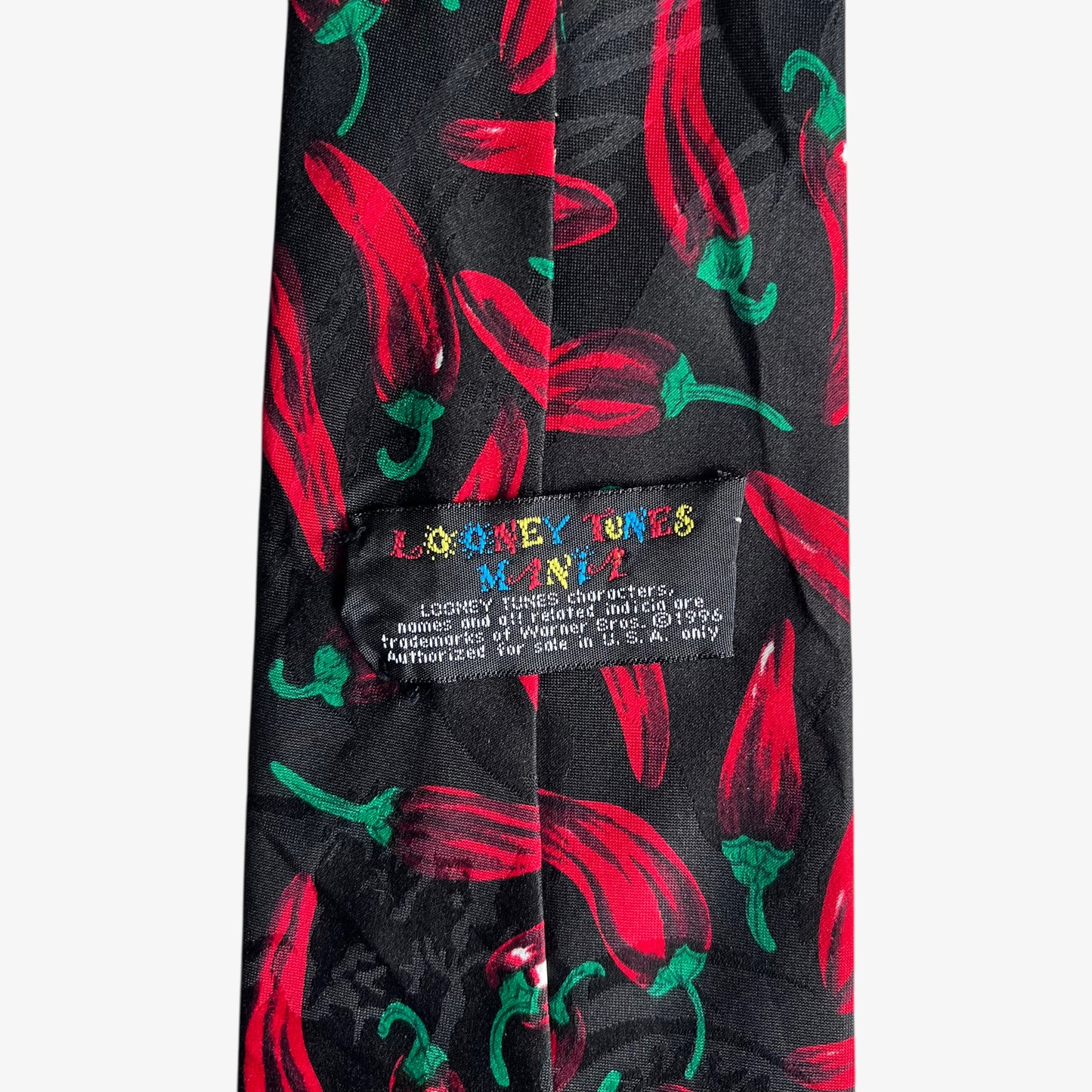 Vintage 90s Looney Tunes Mania 1996 Chilli Pepper Print Black Polyester Tie Label - Casspios Dream