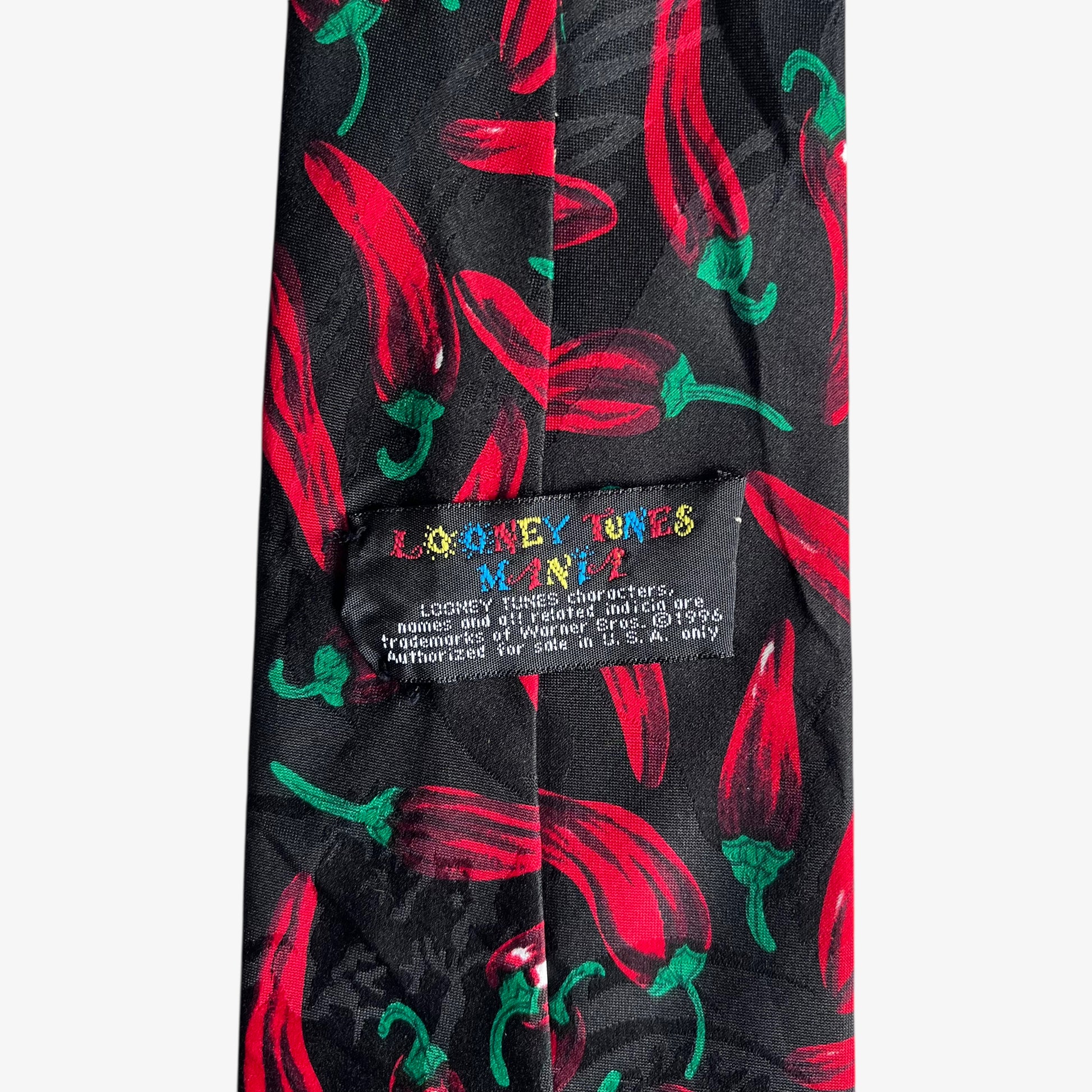 Vintage 90s Looney Tunes Mania 1996 Chilli Pepper Print Black Polyester Tie Label - Casspios Dream