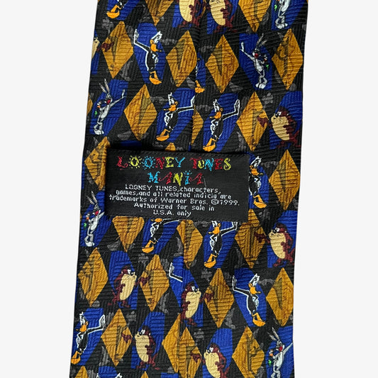 Vintage 90s Looney Tunes Mania 1999 Bugs Bunny Daffy Duck And Tasmanian Devil Print Polyester Tie Label - Casspios Dream