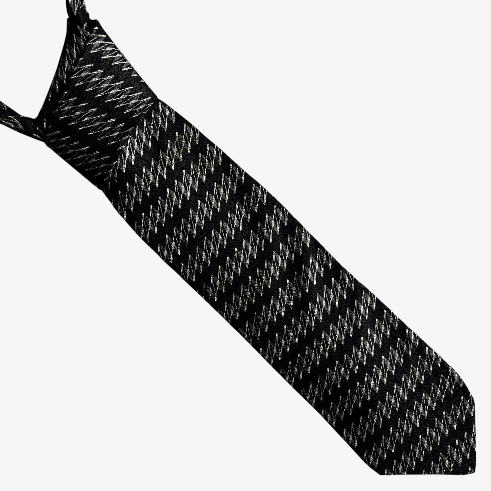 Vintage 90s Louis Feraud White Abstract Striped Black Silk Tie - Casspios Dream