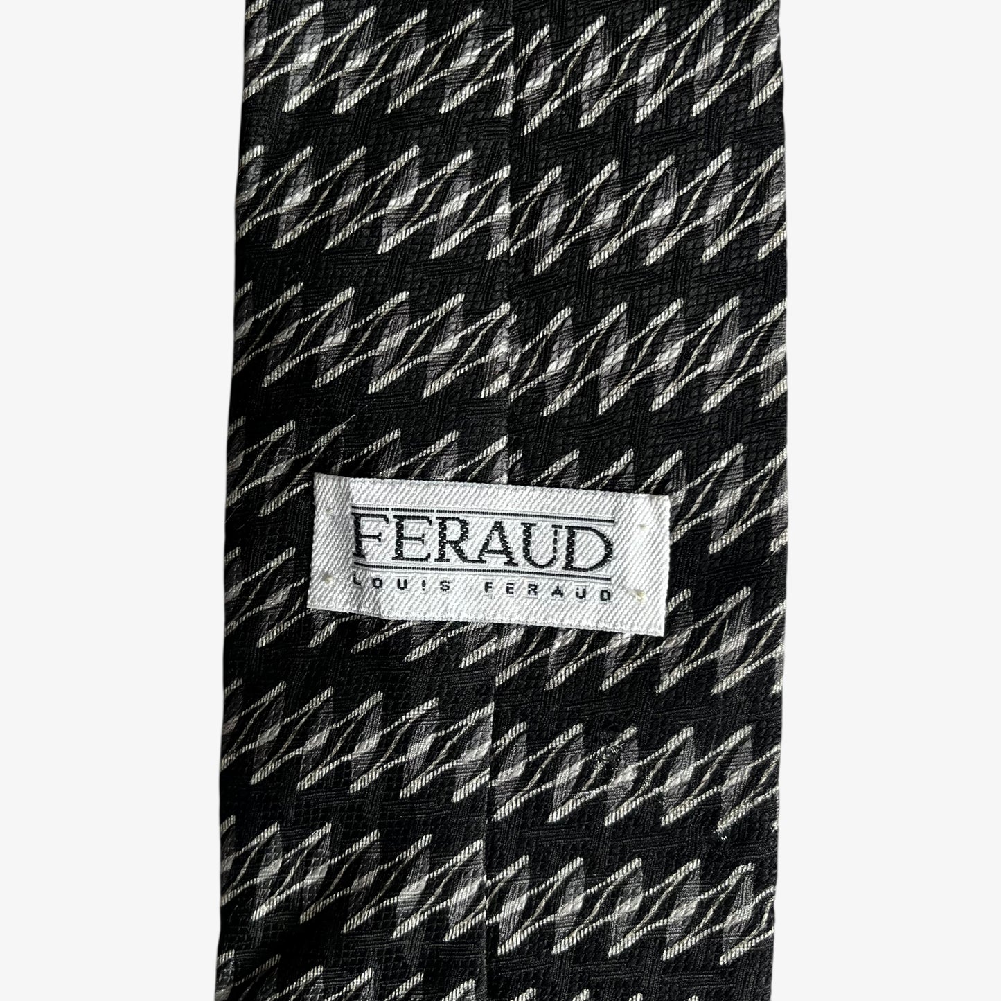 Vintage 90s Louis Feraud White Abstract Striped Black Silk Tie Label - Casspios Dream