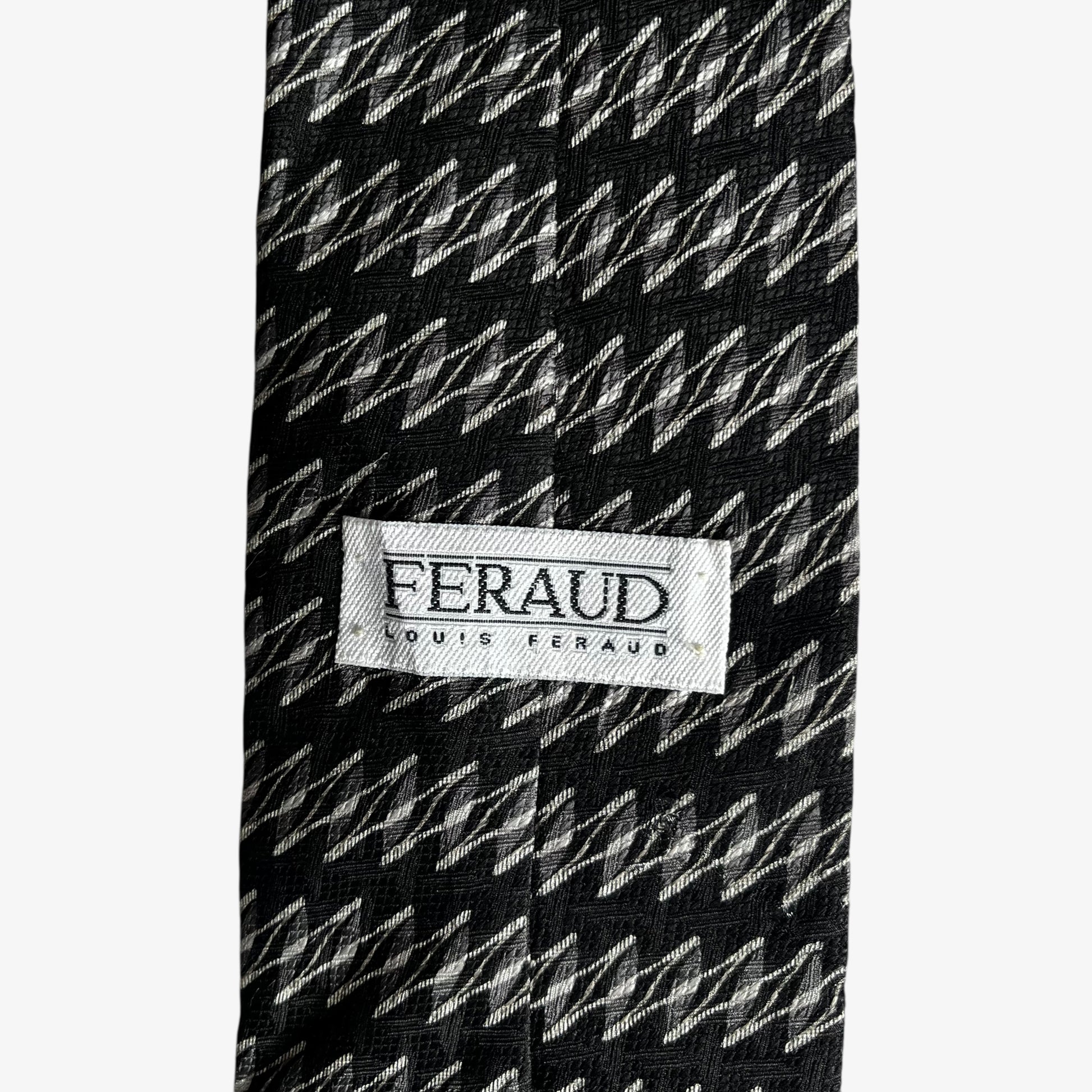 Vintage 90s Louis Feraud White Abstract Striped Black Silk Tie Label - Casspios Dream
