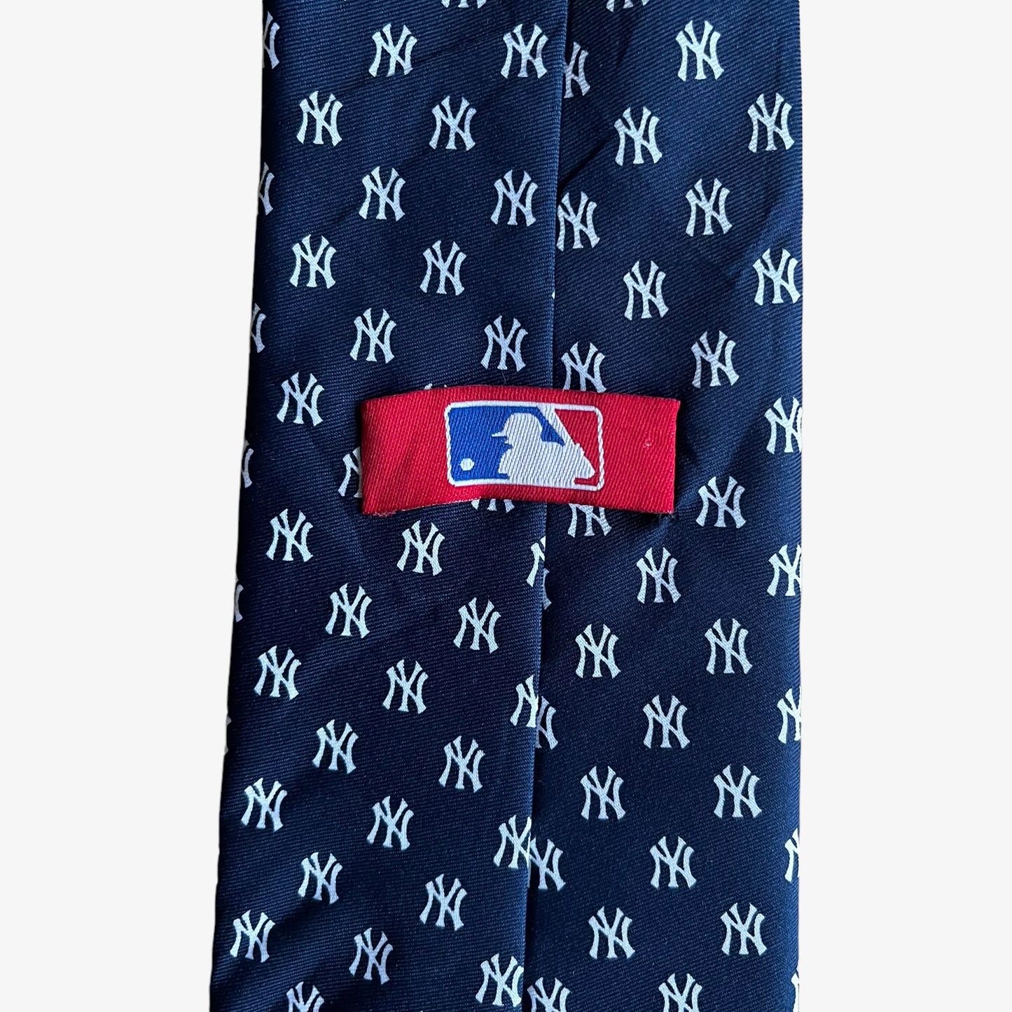 Vintage 90s MLB New York Yankees All Over Logo Print Navy Polyester Tie Label - Casspios Dream