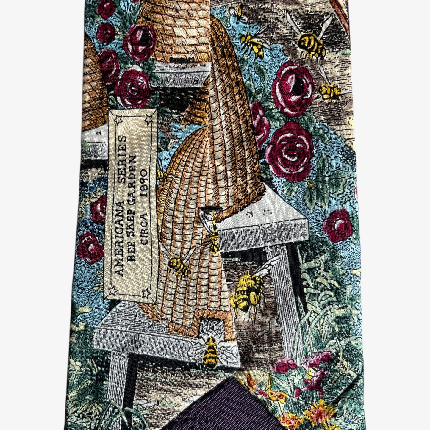 Vintage 90s Max Raab Tango Cottage Bee Garden Print Tie Americana Series - Casspios Dream