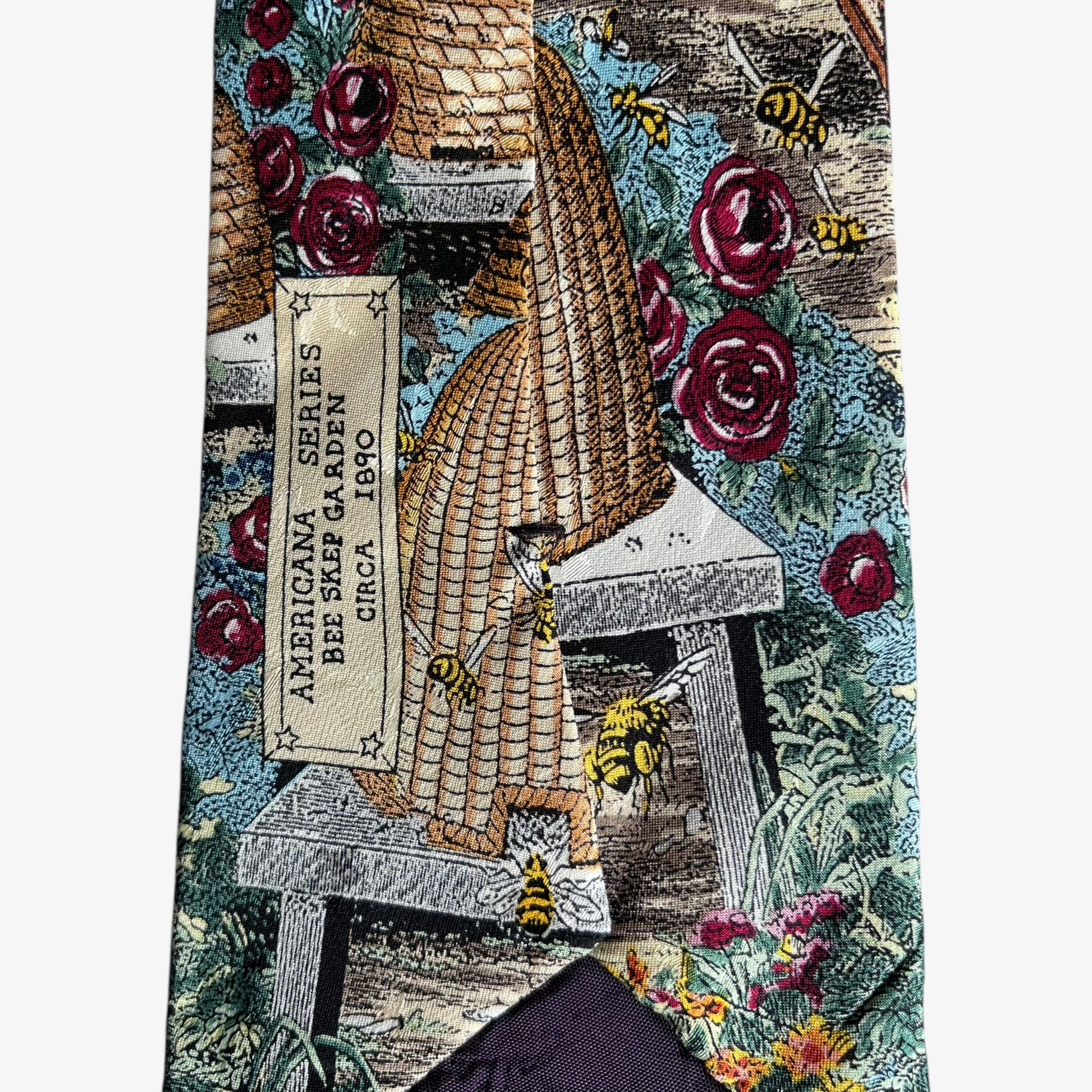 Vintage 90s Max Raab Tango Cottage Bee Garden Print Tie Americana Series - Casspios Dream