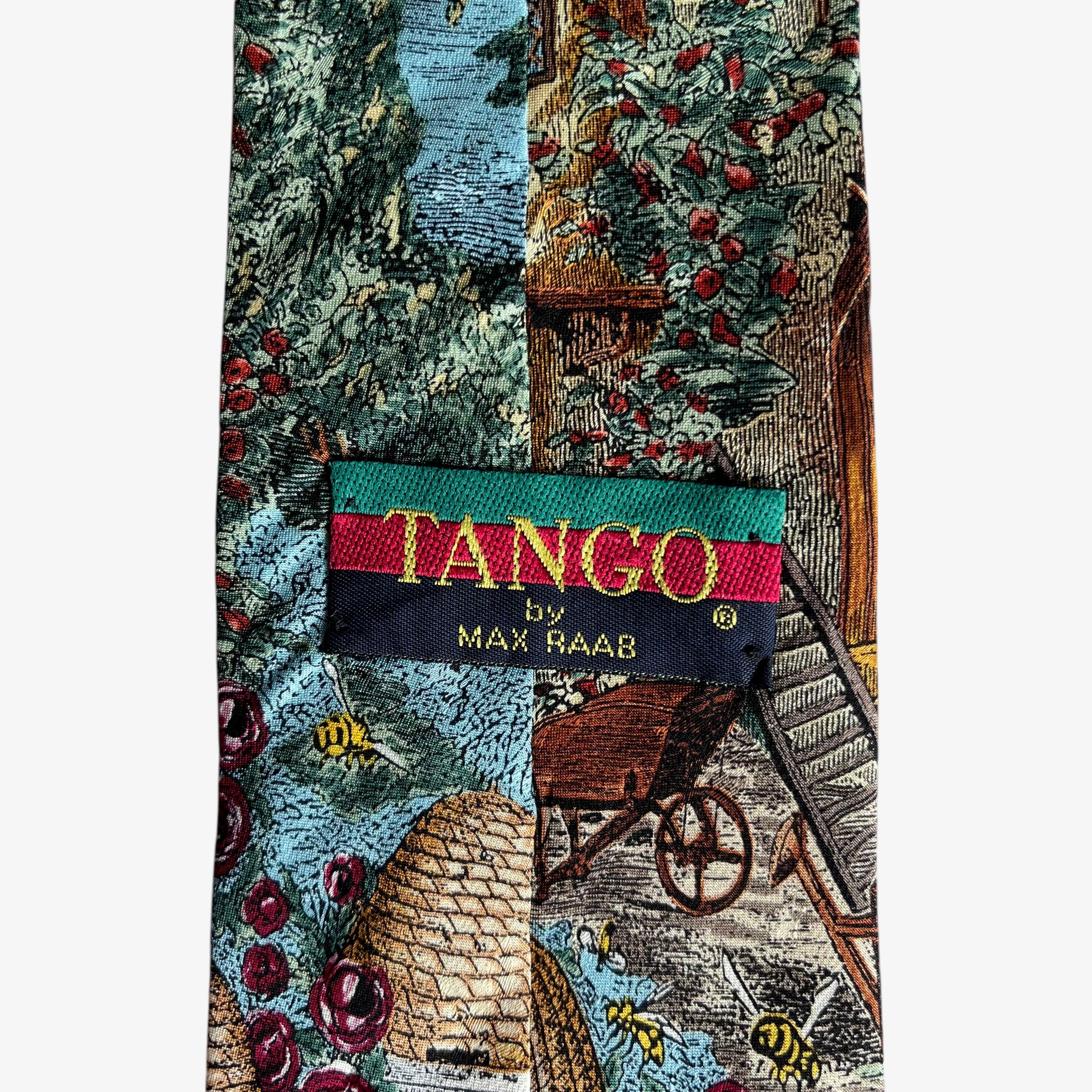 Vintage 90s Max Raab Tango Cottage Bee Garden Print Tie Label - Casspios Dream