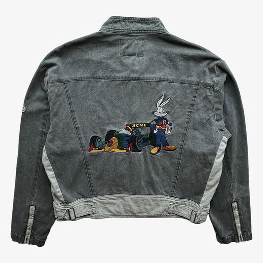 Back of a vintage 90s men's ACME Warner Bros Looney Tunes Bugs Bunny grey NASCAR jacket.