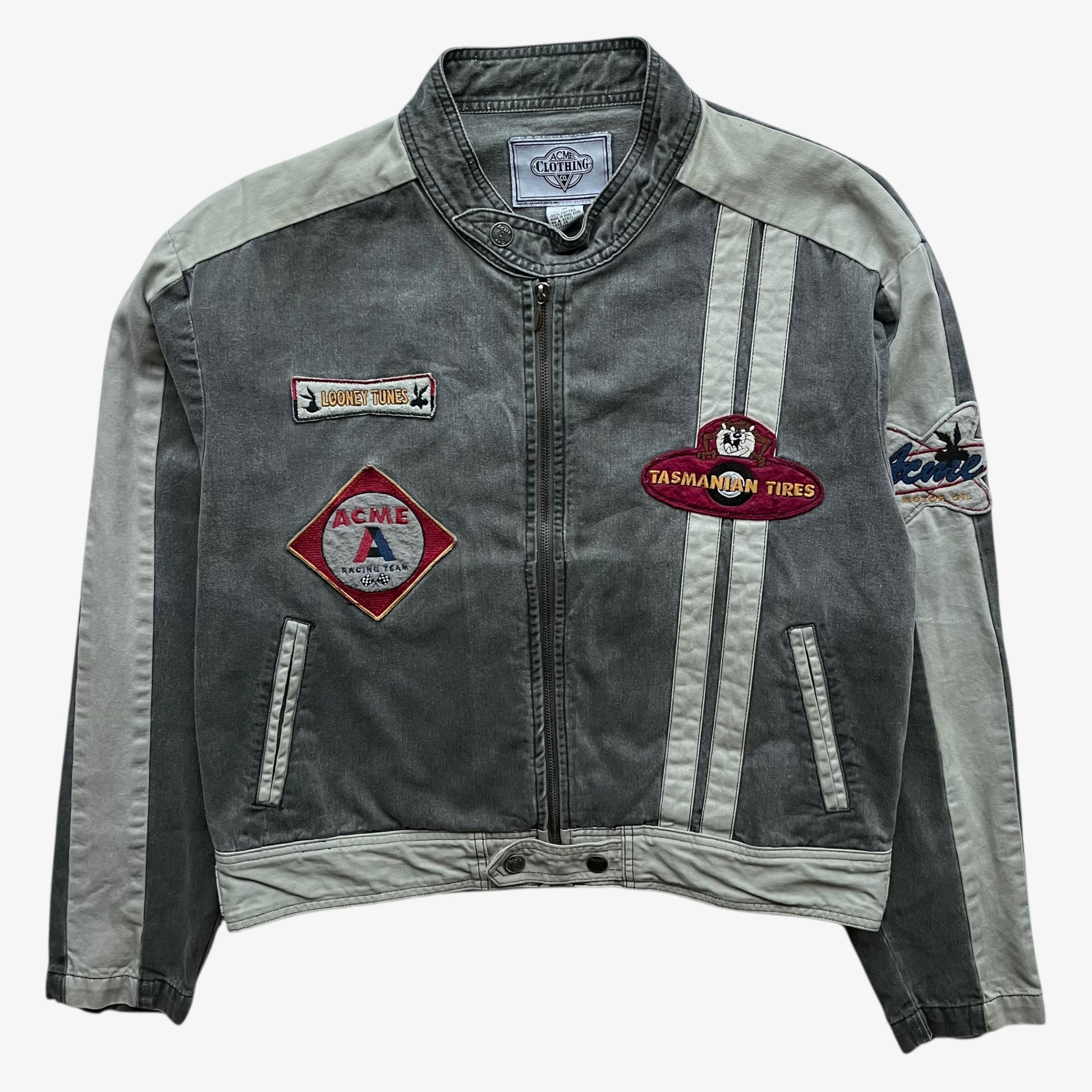 Vintage 90s men's ACME Warner Bros Looney Tunes Bugs Bunny grey NASCAR jacket.