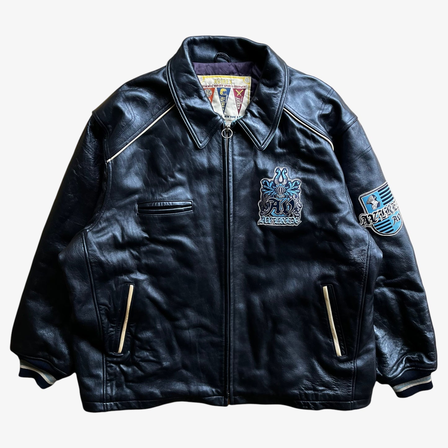 Vintage 90s Mens AVIREX Vanguard Navy Leather Varsity Jacket - Casspios Dream
