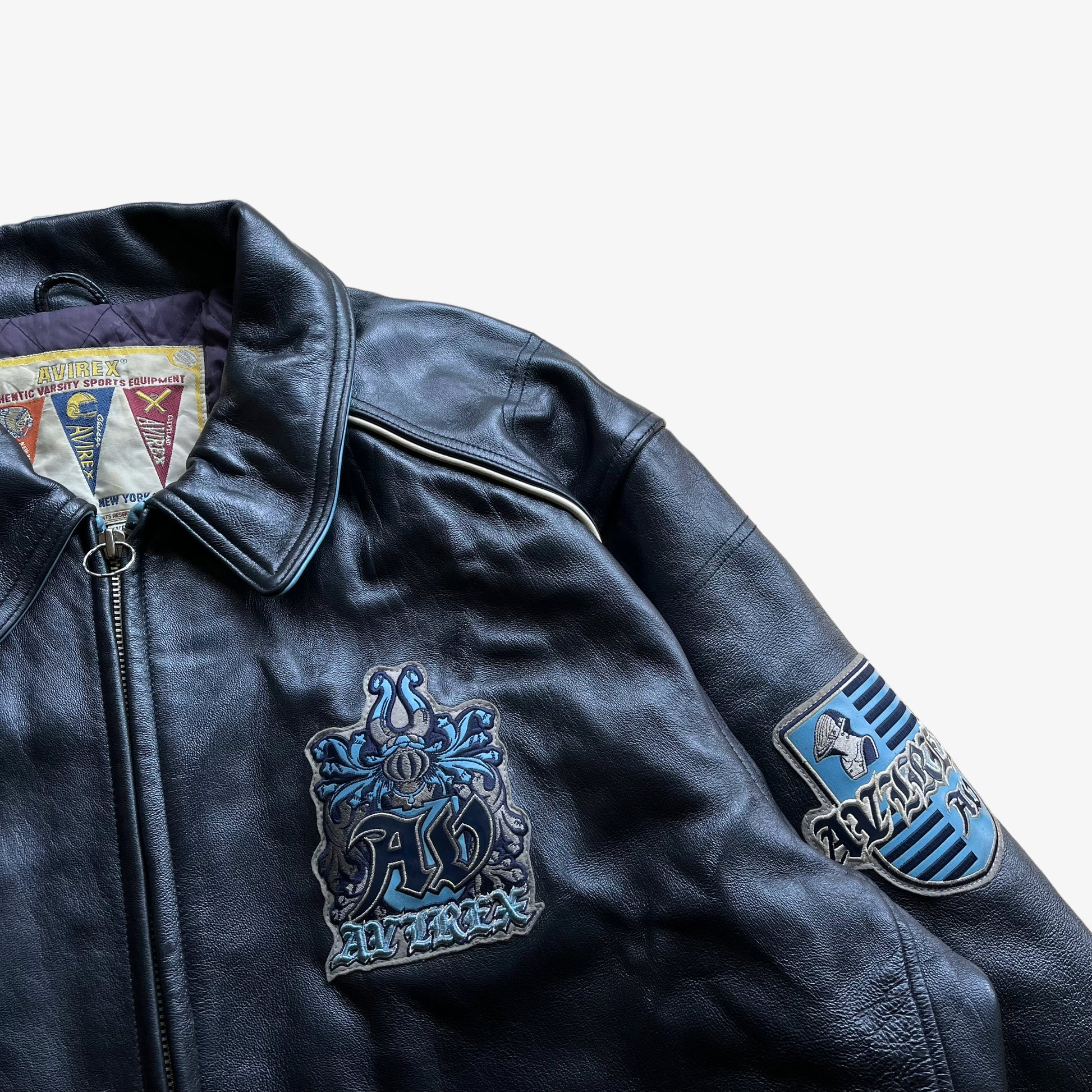 Vintage 90s Mens AVIREX Vanguard Navy Leather Varsity Jacket Crest - Casspios Dream