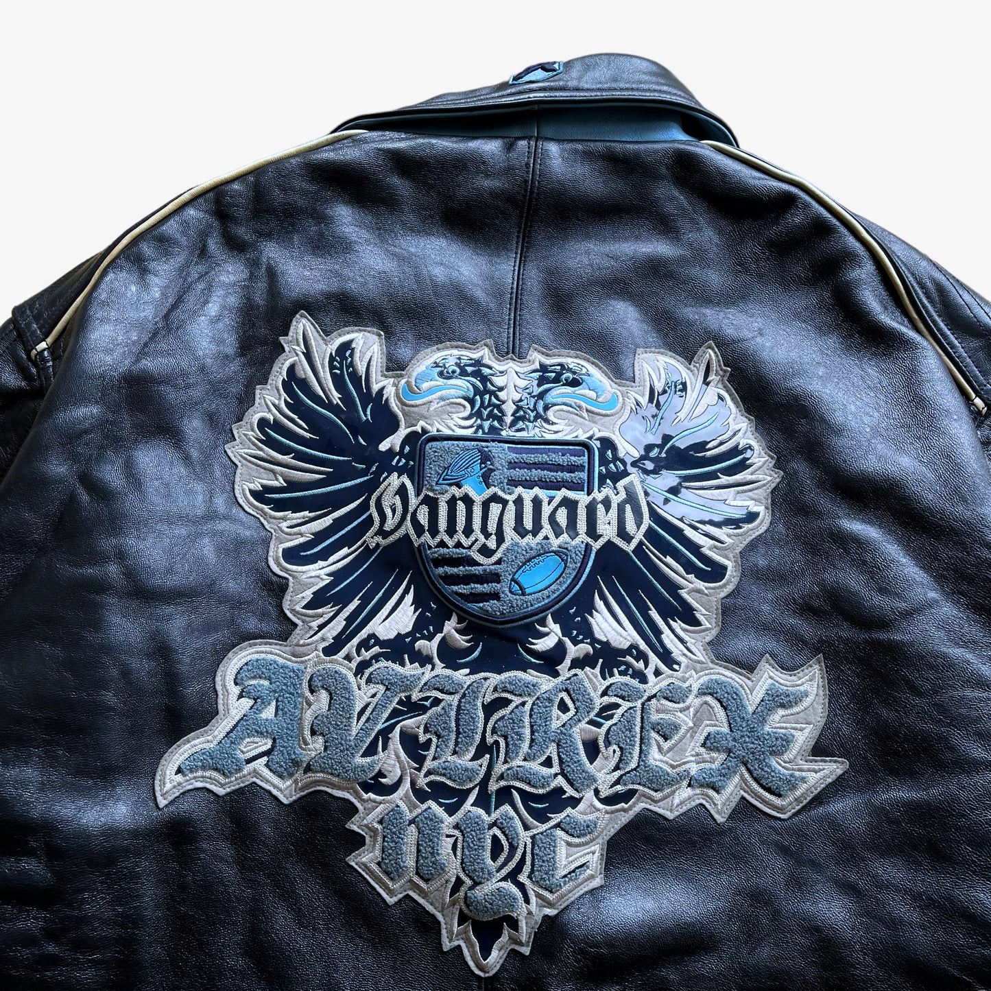 Vintage 90s Mens AVIREX Vanguard Navy Leather Varsity Jacket Spell Out - Casspios Dream