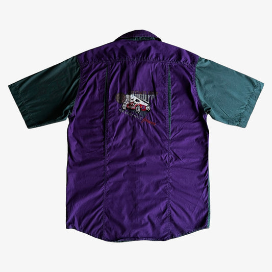 Vintage 90s Mens Adidas Grand Prix Green And Purple Short Sleeve Shirt Back - Casspios Dream