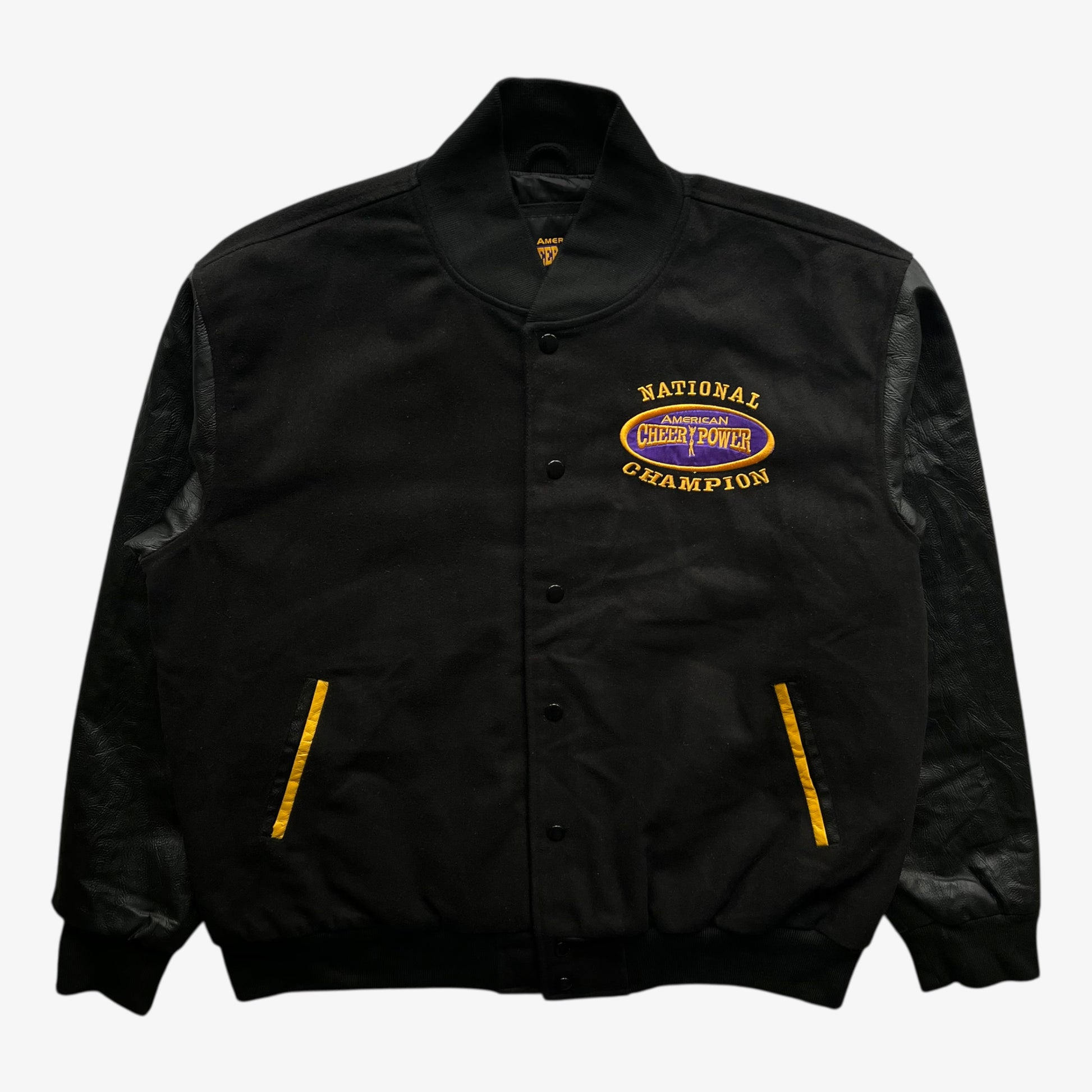 Vintage 90s men's American Cheer Power national champion wool blend black varsity jacket.